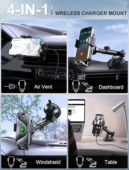 Wireless Car Charger, MOKPR 15W Fast Charging Auto Clamping Dashboard Windshield Air Vent Car Phone Holder Car Charger for iPhone 16 15/14/13/12 Pro Max Plus, Samsung S23/S22/S21,etc