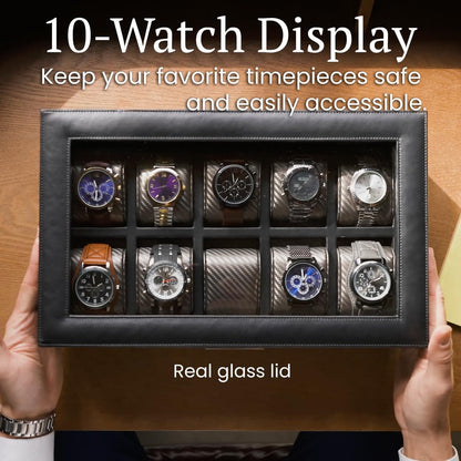 HOUNDSBAY Yachtsman Watch Box Organizer | Luxury Jewelry Organizer with Drawer, Ring Tray & Glass Lid | Great EDC Display Case for Storage | Ideal Gift for Men