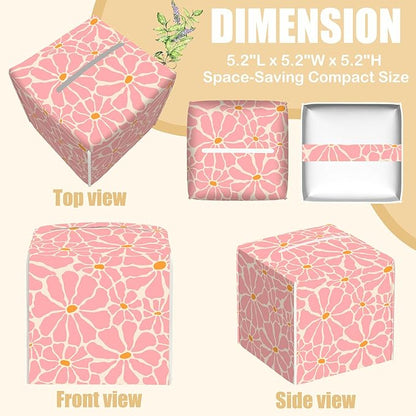 BLYKVGHQ Pink Retro Groovy Flower Tissue Box Cover Square, Tissue Box Holder with Bottom Belt Leather Facial Paper Organizer Dispenser for Bathroom Bedroom Dresser Night Stand Tabletop