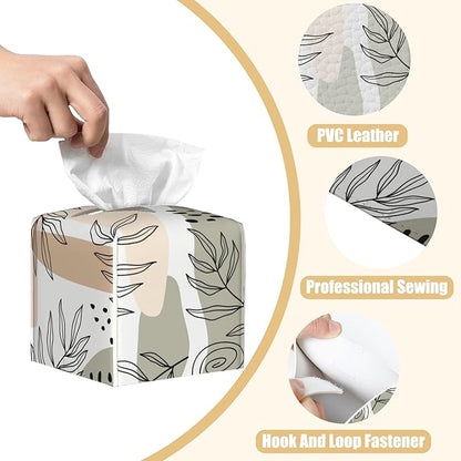 BLYKVGHQ Square Tissue Box Cover Boho Tropical Leaves Tissue Box Holder Facial Cube Paper Dispenser Leather Decorative Organizer Home Office Desk Decor, 5.2"x5.2"x5.2"