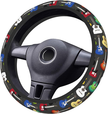 Musical Car Steering Wheel Cover for Women Acoustic Electric Guitars Men Stretch Cloth Anti-Slip Wrap Protector Case Fit Universal Auto Accessories Decor Sweat Absorption 14-15 Inch