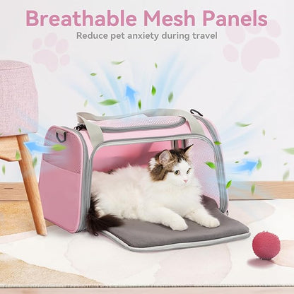 Airline Approved Cat Carrier 17.5×10.5×10.5 in, Escape-Proof Design with Locking Zippers & Safety Leash, Easy-Access 3-Way Entry, Washable Mat, Gift-Ready Holiday Choice for Cats up to 12 lb