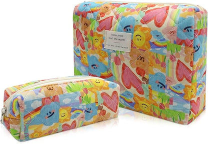 2PC Makeup Bag Set, Cute Cosmetic Bag for Women Girls, Floral Coquette Aesthetic Toiletry Bag, Travel Make Up Organizer Bag (Graffiti-Colored)
