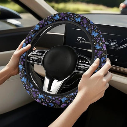 AFPANQZ Steering Wheel Protection for Automotive Steering Wheel Covers, Blue Purple Butterfly Sweat Absorption Comfort Grip for Driver Women Men