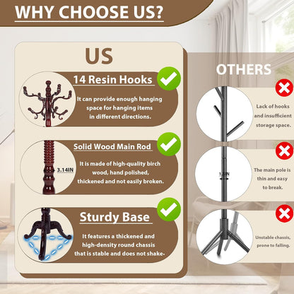 Solid Wooden Coat Rack Stand, Coat Racks Freestanding with 14 Hooks, Natural Birch Wood Coat stands with Sturdy Triangle Base, Coat Hanger Standing for Entryway Bedroom Office (Redwood triangle)