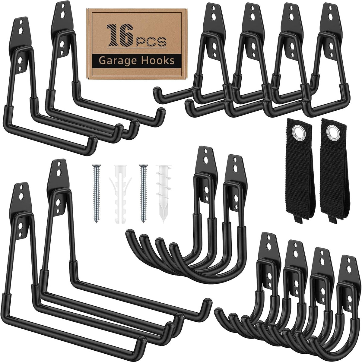 16 Pack Garage Hooks with Anti-Slip Coating Heavy Duty Wall Mount Hooks for Garage Storage and Hanging Hoses Bike Garden Tools Ropes etc
