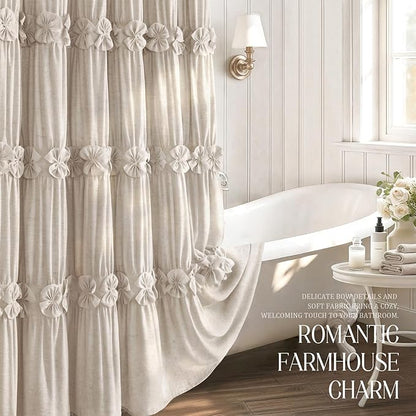 XOGUIBO Ruffle Shower Curtain with Handmade Bow Tie, Beige Linen Vintage Farmhouse Shower Curtain for Bathroom, 72" W x 72" H