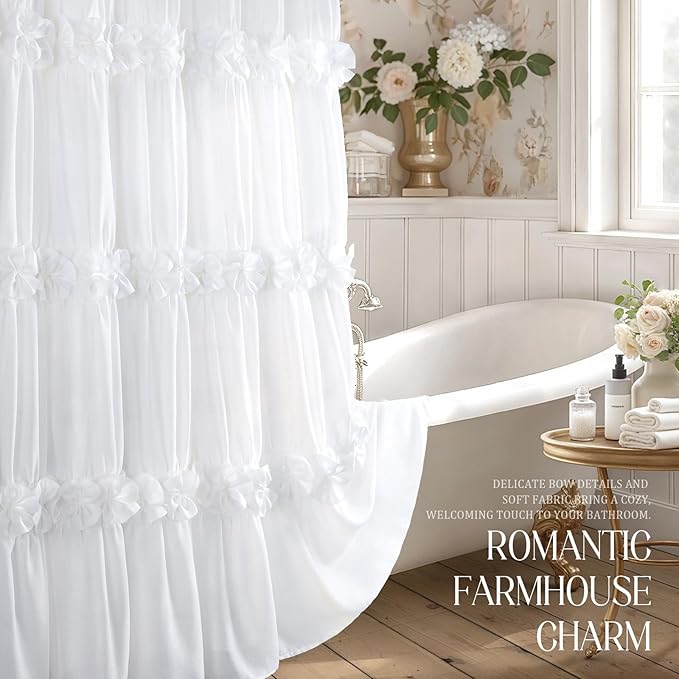XOGUIBO Ruffle Shower Curtain with Handmade Bow Tie, White Linen Vintage Farmhouse Shower Curtain for Bathroom, 72" W x 78" H