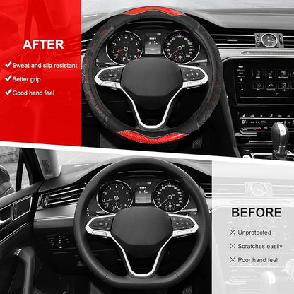Carbon Fiber Steering Wheel Cover, Non-Slip Leather Steering Wheel Protector with 3D Honeycomb Design, Comfy Grip Breathable Sporty Auto Wheel Wrap for Most Cars Trucks SUVs (Red)