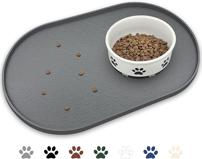 KPWACD Pet Feeding Mat for Dogs and Cats, Silicone Dog Placemat Non-Slip Waterproof Bowl Mats Prevent Food and Water Overflow, High-Lips Puppy Dish Tray Mat Suitable for Large Medium Small Pets, Grey