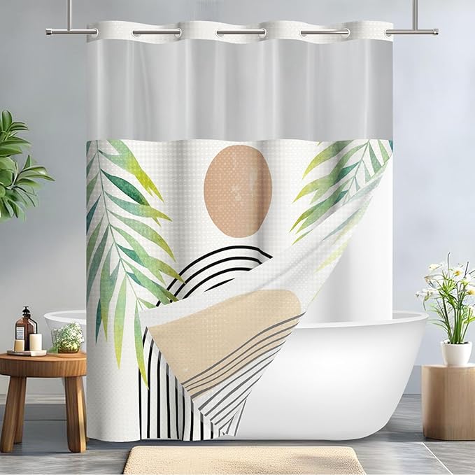 GICDSU No Hook Shower Curtain with Snap in Liner, Waffle Shower Curtain Set for Bathroom, Mid Century Style with Semi-Sheer Top Window, Waterproof & Washable, 59" W x 75" L