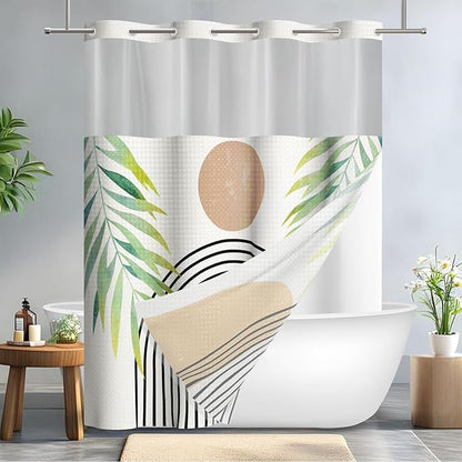 GICDSU No Hook Shower Curtain with Snap in Liner, Waffle Shower Curtain Set for Bathroom, Mid Century Style with Semi-Sheer Top Window, Waterproof & Washable, 59" W x 75" L
