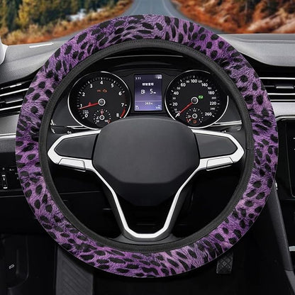 Universal Non-Slip Steering Wheel Cover, 15-inch Polyester Material Driving Accessories, Adjustable for Car and Truck(Artistic Amethyst Leopard)