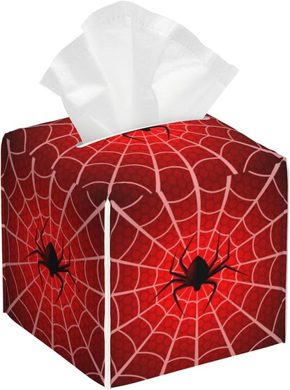 BLYKVGHQ Spider Web Tissue Box Cover Square, Tissue Box Holder with Bottom Belt Leather Facial Paper Organizer Dispenser for Bathroom Bedroom Dresser Night Stand Tabletop