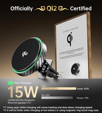 for Magsafe Car Mount Charger 2025 New [Qi2 Certified-15W], 360° Rotatation [Dash & Vent] Wireless Car Charger, for iPhone 17 16 15 14 13 12 Series, for Magnetic iPhone Car Accessories, Black