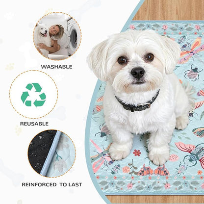 Lahome Washable Reusable Pee Pads for Dogs - Blue Butterfly & Insect Print 2 Pack Puppy Pads, Super Absorbent & Waterproof Training Mats for Crate & Floor - Leakproof with Non-Slip Backing (24"x24")
