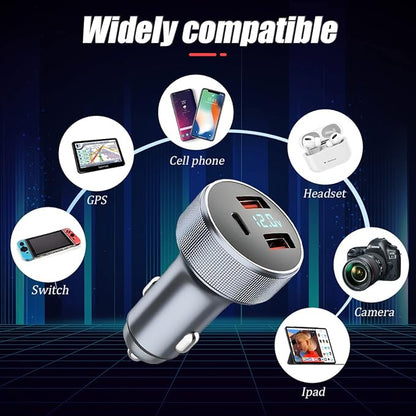 72W Fast Car Charger Adapter, Dual USB Fast Charging Type C Car Charger with LED Display Adapter, QC 3.0 PD Cigarette Lighter Adapter for Laptop Smartphone, 3 in 1 Power Delivery for All Car
