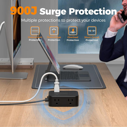 TESSAN 10 Ft Flat Plug Extension Cord with Multiple Outlets, Surge Protector Power Strip with 3 USB(1 USB C) 8 Outlets, 900J Protection, Desk Charging Station for Home, Office, Dorm Room, Black