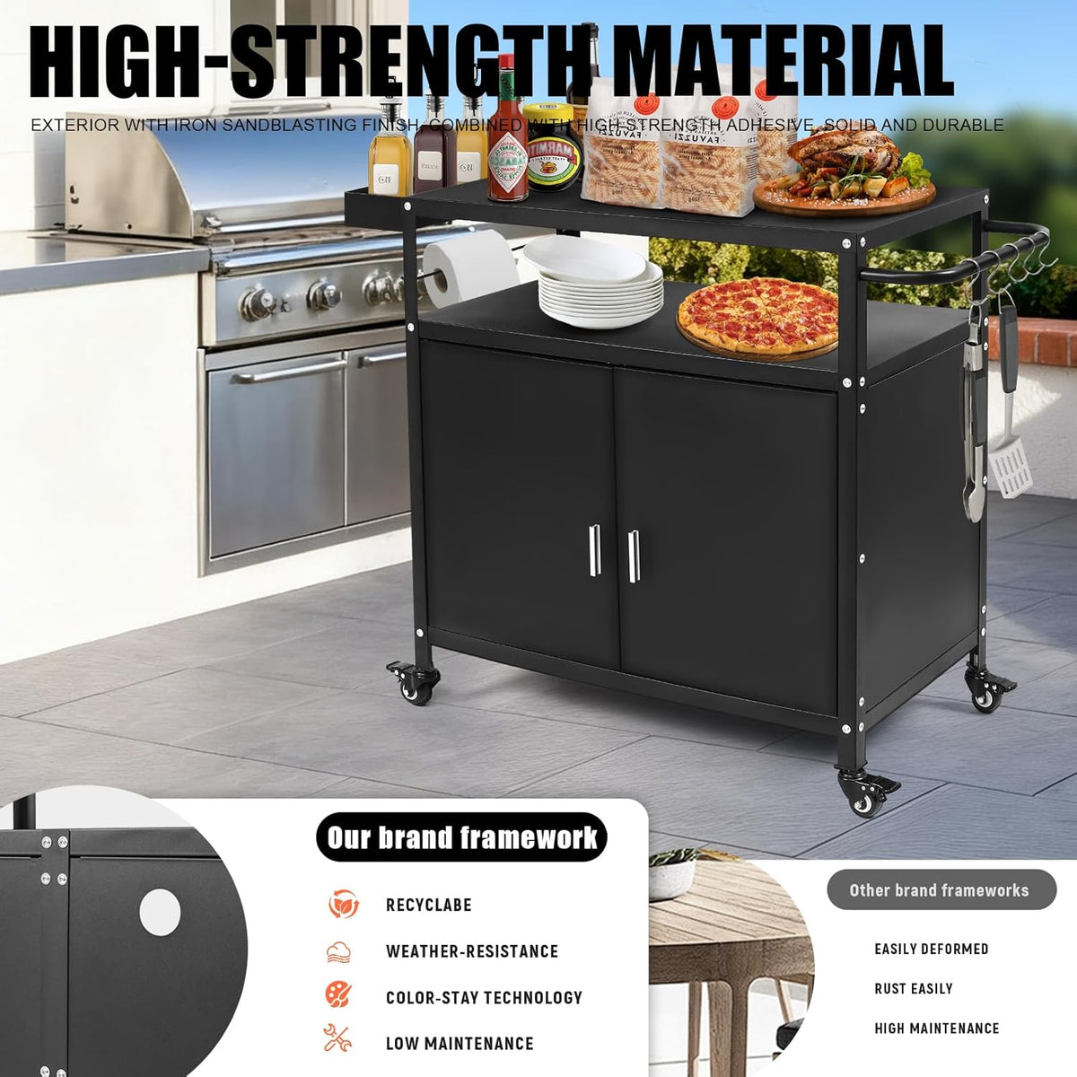 Grill Cart with Storage, Outdoor Bar Cart Rolling BBQ Cart Movable Pizza Oven Table Stand with Foldable Stainless Steel Top & Storage Cabinet, Black（34.6 x 17.7 x 34.6 Inch）