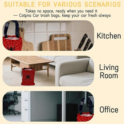 Spider Web Car Garbage Bag, Small Car Trash Bag Hanging,Drawstring Car Garbage Bag with Adjustable Buckle for Car Back Seat,SUVs,Camping,Road Trips
