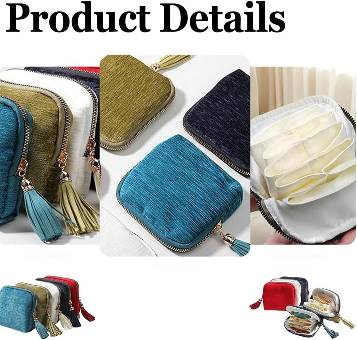 Travel Jewelry Case, Portable Jewelry Storage Bag, Compact Foldable Five Compartments Organizer Pouch with Zipper & Tassel for Earring Necklace Ring Bracelet (Blue)
