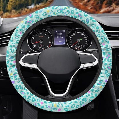Universal Non-Slip Steering Wheel Cover, 15-inch Polyester Material Driving Accessories, Adjustable for Car and Truck(Mint Green Colorful Leopard)