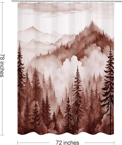 Litabel Burgundy Long Misty Pine Forest Shower Curtain 72 x 78, Mountain Foggy Woodland Scenery Tree 78 Inch Long Shower Curtains for Bathroom, Abstract Waterproof Nature-Themed Decor
