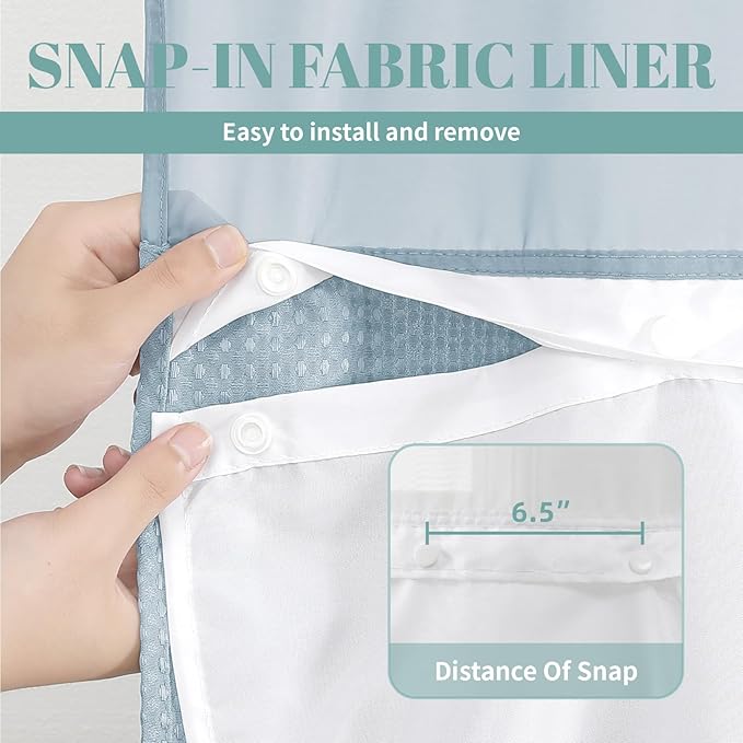 eachope Teal Long No Hook Waffle Weave Shower Curtain with snap-in Liner Replacement, 230GSM Waterproof Fabric Hotel Shower Curtain Set for Bathroom, Through Mesh Top Window,71Wx80H
