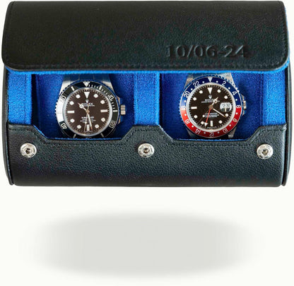DailyWatch | Personalized Watch Roll Travel Case For 2 Watches - Handmade Genuine Leather Travel Case With Custom Engraving of Name or Initials - Black Blue
