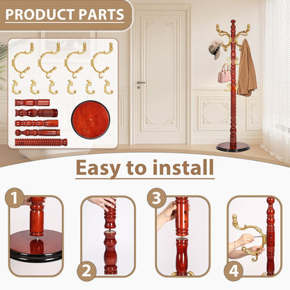 Solid Wooden Coat Rack Stand, Coat Racks Freestanding with 14 Hooks, Natural Birch Wood Coat stands with Sturdy Round Base, Tree Coat Hanger Standing for Entryway Bedroom Office (Begonia)