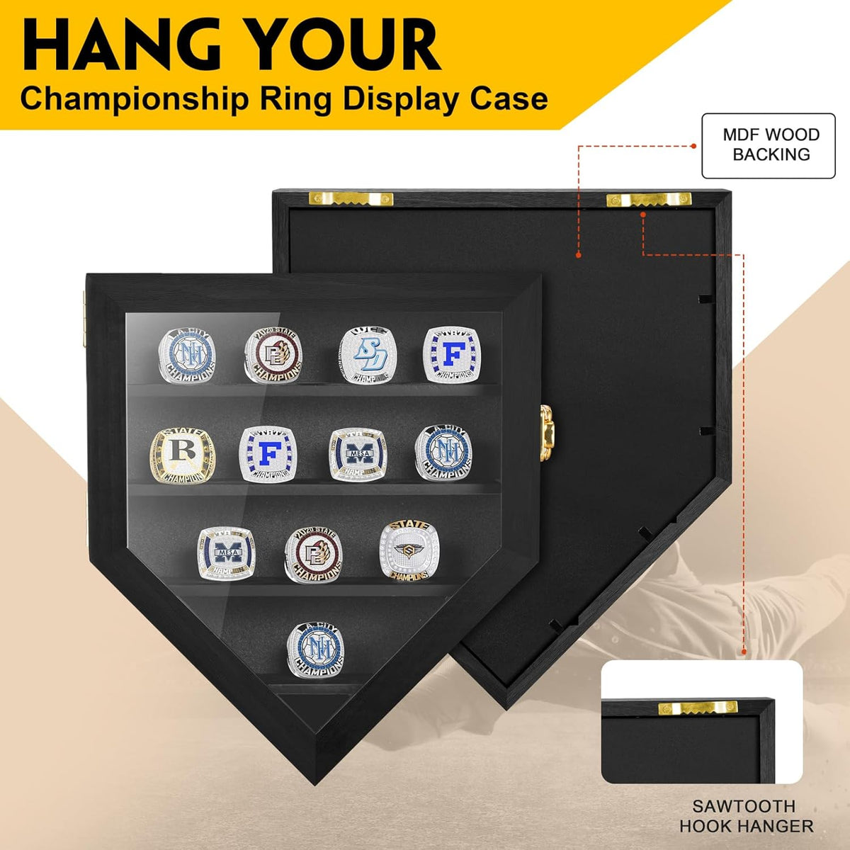 Championship Ring Display Case, 12 Ring Posts Sports Ring Display Case Wooden Shadow Box for Baseball Basketball Football Softball Award Rings Fan Souvenirs
