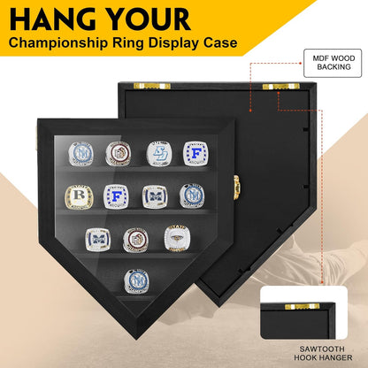 Championship Ring Display Case, 12 Ring Posts Sports Ring Display Case Wooden Shadow Box for Baseball Basketball Football Softball Award Rings Fan Souvenirs