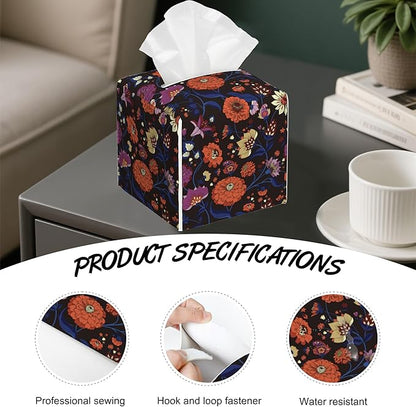 Vintage Paisley Floral Tissue Box Cover Square,Tissue Box Holder with Belt Bottom,Stylish Leather Napkin Holder for Vanity Countertop,Nightstands,Office Desk,5.2"×5.2"×5.2"