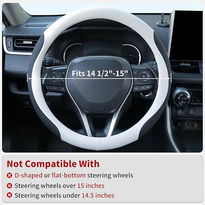 Nappa Leather Steering Wheel Cover, Universal 14.5–15 Inch Non-Slip Breathable Steering Wheel Cover for Cars, White