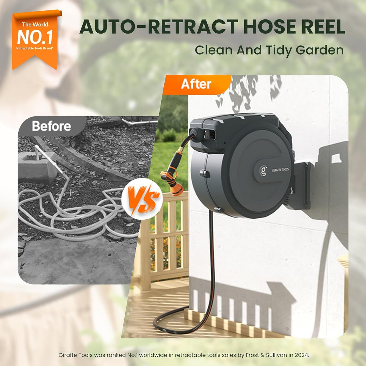 Giraffe Tools Hose Reel 1/2‘’ 78 ft, Heavy Duty Retractable Garden Hose Reel with Any Length Lock, Slow Return System, Wall Mounted and 180 Deg Swivel Bracket