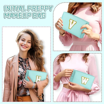 TOPEAST Personalized Birthday Gifts for Women, Preppy Patch Makeup Bag, Chenille Letter Pouch Cosmetic Bag, Travel Organizer, Birthday Gifts for Friends, Cute Stuff (Blue L)