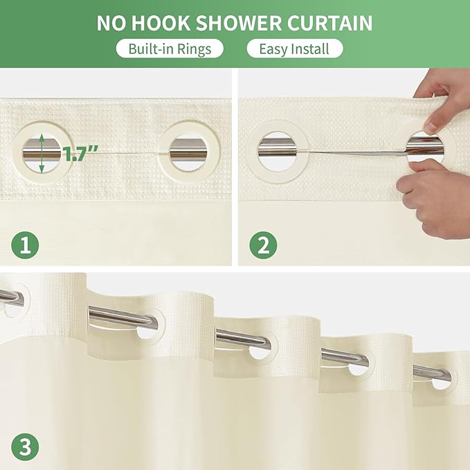 eachope Cream No Hook Shower Curtain with Snap-in Fabric Liner Set,Waffle Weave Shower Curtains for Bathroom,Hotel Luxury Decor Bathroom Curtain Set,Waterproof & Washable,71Wx74H