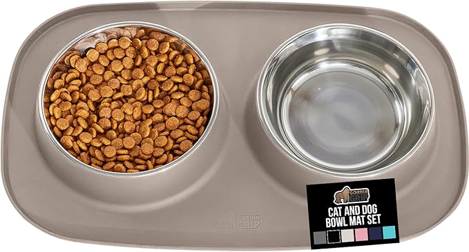 GORILLA GRIP Feeding Mat Set, 4 Cup, Patent Pending 100% Waterproof BPA Free Silicone, Stainless Steel Cat and Dog Bowls, Slip Resistant, High Edges Catch Water Food, US Designed Pet Accessories Beige