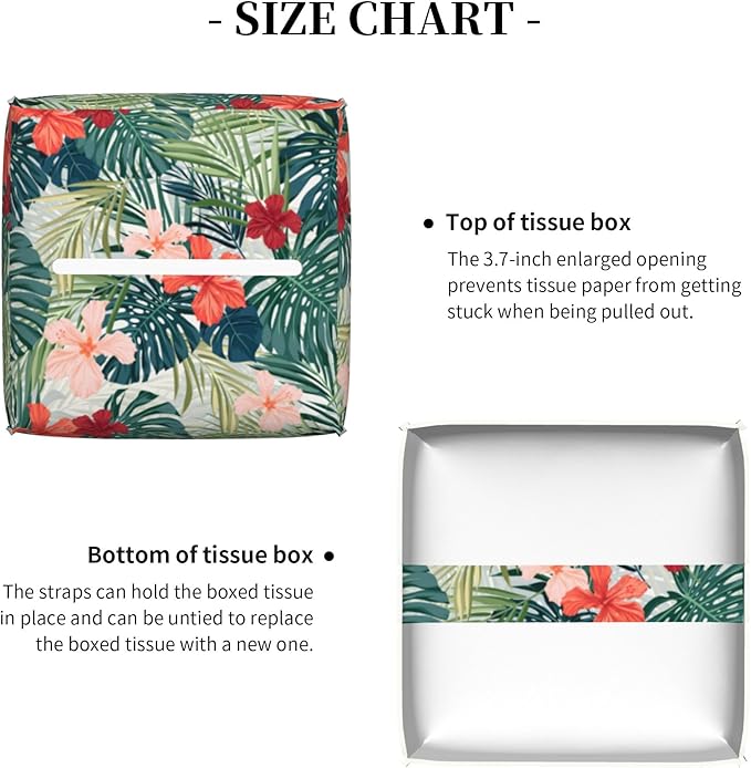 Palm Leaves and Flowers Tissue Box Cover Square,Tropical Plants and Floral Tissue Box Holder Waterproof Leather Facial Paper Organizer Dispenser for Bathroom Home Car Nightstand Vanity Desk