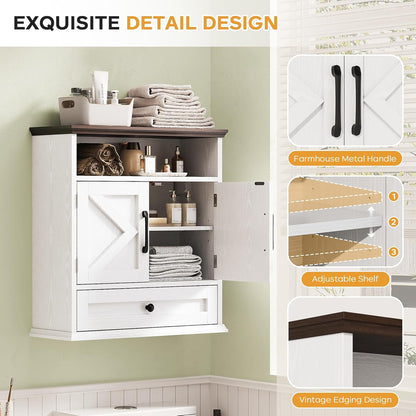 Bathroom Wall Cabinet, Wall Mounted Medicine Cabinet with Drawer, Barn Doors & Adjustable Shelf, 24.4"H x 23.6"W x 9"D White Over Toilet Farmhouse Storage Cabinet for Kitchen, Laundry Room, Entryway