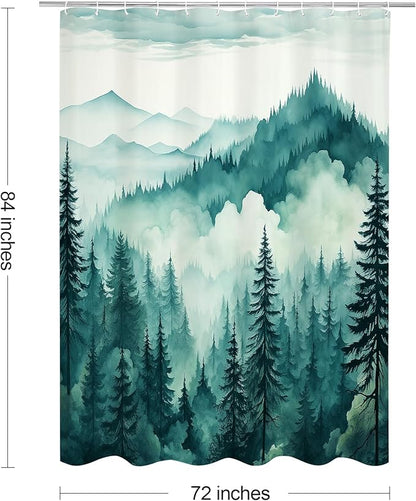 Litabel Teal Blue Extra Long Misty Pine Forest Shower Curtain 72 x 84, XL Mountain Foggy Woodland Scenery Tree Shower Curtains for Bathroom, Turquoise Abstract Waterproof Nature-Themed Decor
