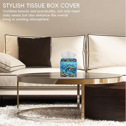 Tissue Box Cover Leather Tissue Box Holder Cube Tissue Case Cover Facial Paper Organizer Dispenser for Bathroom, Vanity Countertop, Office Desk (Watercolor Sea Turtle)