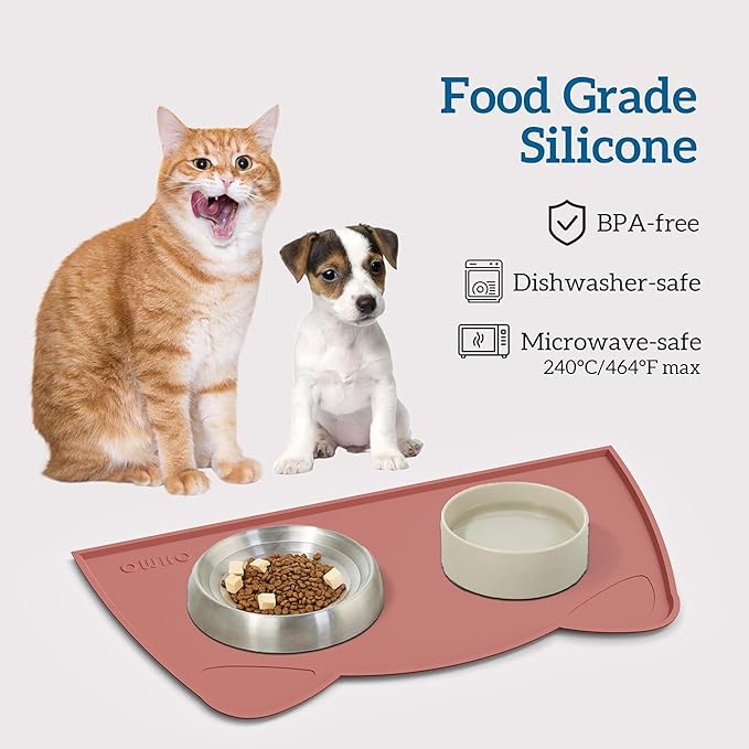 OHMO - Cat Food Mat, Silicone Pet Feeding Mat for Floor Non-Skid Waterproof Dog Water Bowl Tray, Easy to Clean Pet Placemat (Erythrinus, 18 * 9.8'')