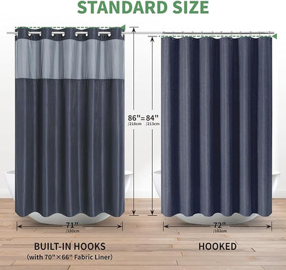 eachope Extra Long No Hook Shower Curtain with Snap-in Fabric Liner Set,Navy Waffle Weave Shower Curtains for Bathroom,Hotel Luxury Decor Bathroom Curtain Set,Waterproof & Washable,71Wx86H