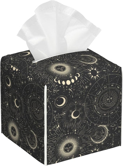 Zodiac Signs Leather Tissue Box Holder Moon Phases Tissue Box Cover Facial Paper Case Organizer Cube Napkin Dispenser for Bathroom Vanity Countertop Night Stand Office Car