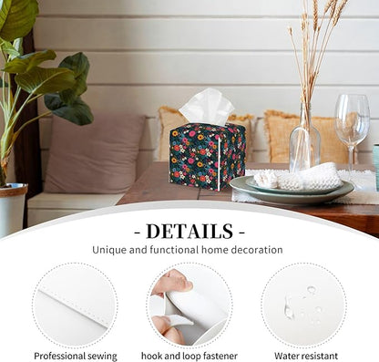 POIUBLE Colorful Flowers and Leaves Tissue Box Cover Leather Tissue Box Holder Square Facial Paper Organizer Dispenser for Bathroom Kitchen Bedroom Vanity Countertop Night Stands