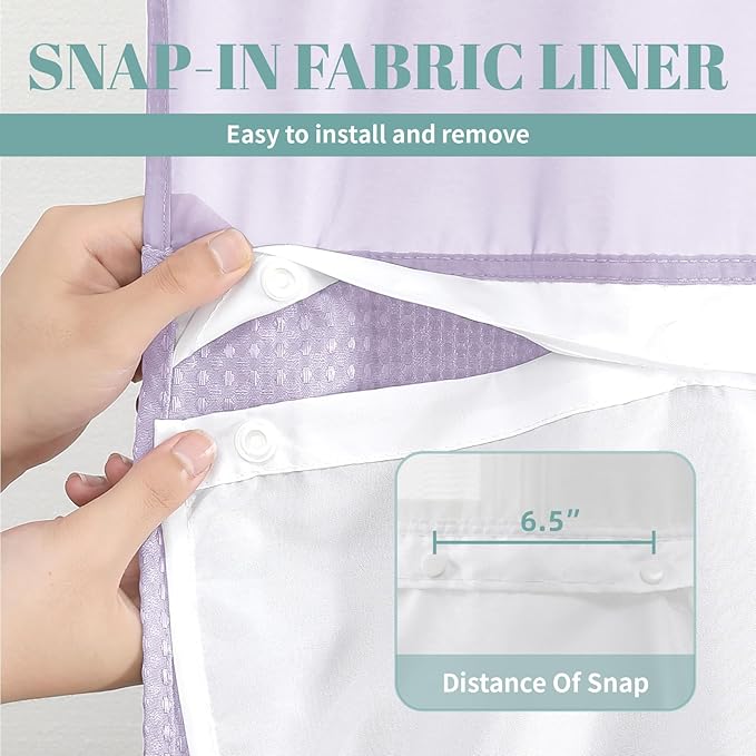 eachope Lavender Long No Hook Waffle Weave Shower Curtain with snap-in Liner Replacement, 230GSM Waterproof Fabric Hotel Shower Curtain Set for Bathroom, Through Mesh Top Window,71Wx80H
