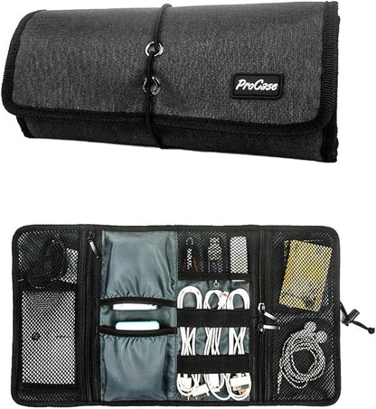 ProCase Electronic Organizer Cord Pouch, Travel Cable Charger Phone Accessories Bag Organizer Roll up Tech Carrying Case for USB Cables SD Memory Cards Earphone Flash Hard Drive –Black