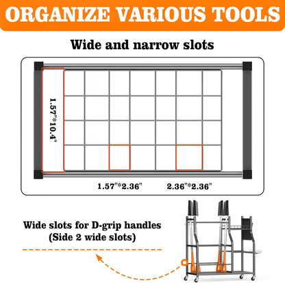 Large Garden Tool Organizer, 36" L x 37.25" H Metal Yard Tool Storage Rack with Multi Tier Shelves, Long-Handle Tool Holder with Wide & Narrow Slots, Hooks & Storage Pockets for Garage