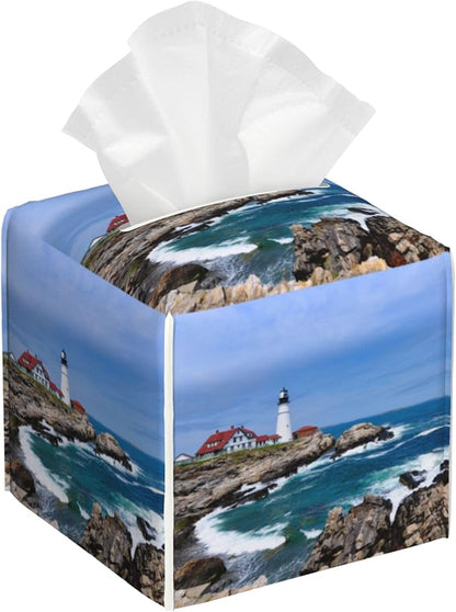 BLYKVGHQ Leather Tissue Box Holder Seaside Lighthouse Tissue Box Cover Facial Paper Case Organizer Cube Napkin Dispenser for Bathroom Vanity Countertop Night Stand Office Car